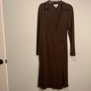 Talbots brown faux wrap dress with long sleeves size 14 length tee length